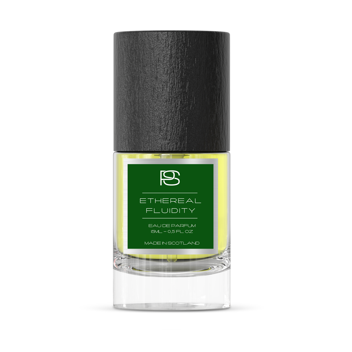 Perfume bottle labeled 'Ethereal Fluidity' with a black cap on a white background