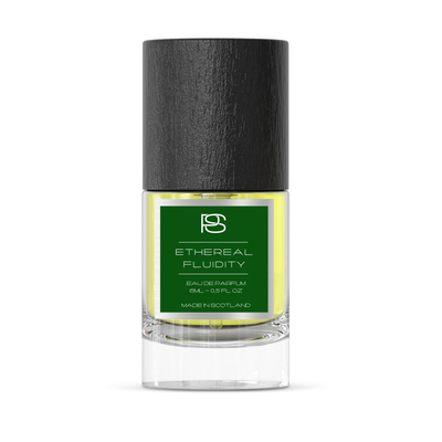 Perfume bottle labeled 'Ethereal Fluidity' with a black cap on a white background